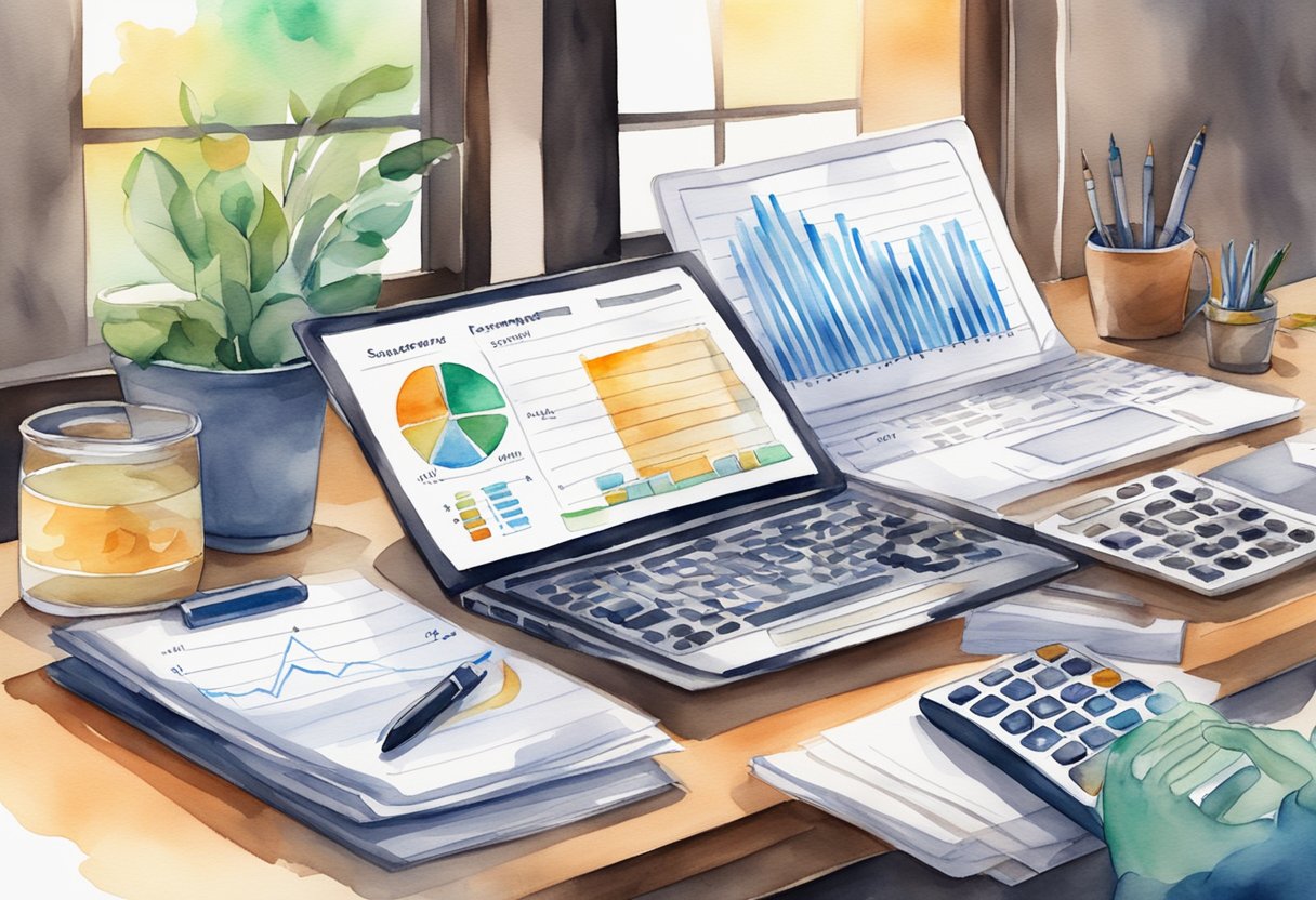A desk with a laptop, calculator, and financial documents. A chart showing income, expenses, and savings. A person creating a financial plan