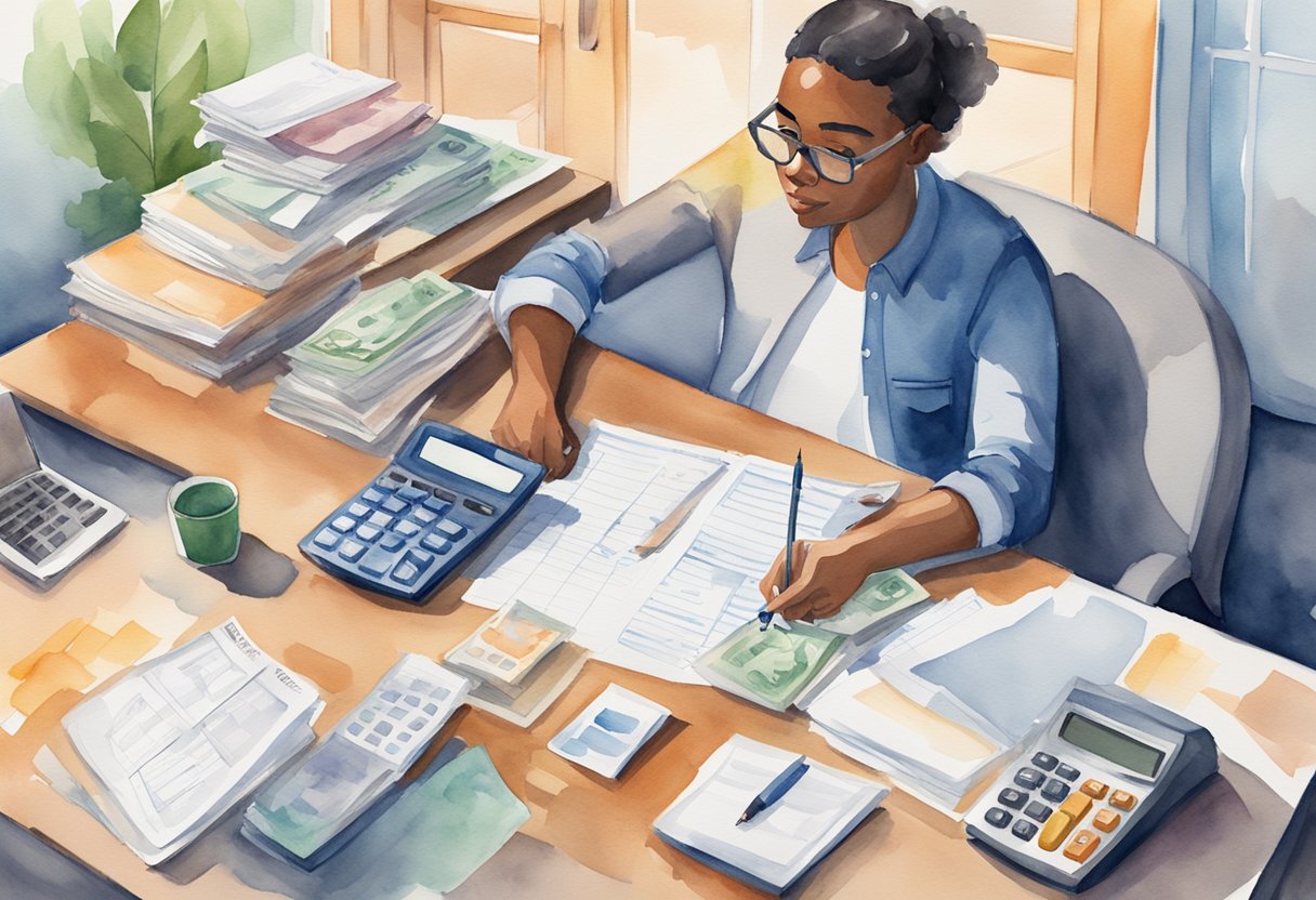 A person sitting at a desk surrounded by bills, a calculator, and a notebook. They are creating a financial plan, with a focus on addressing debt and credit