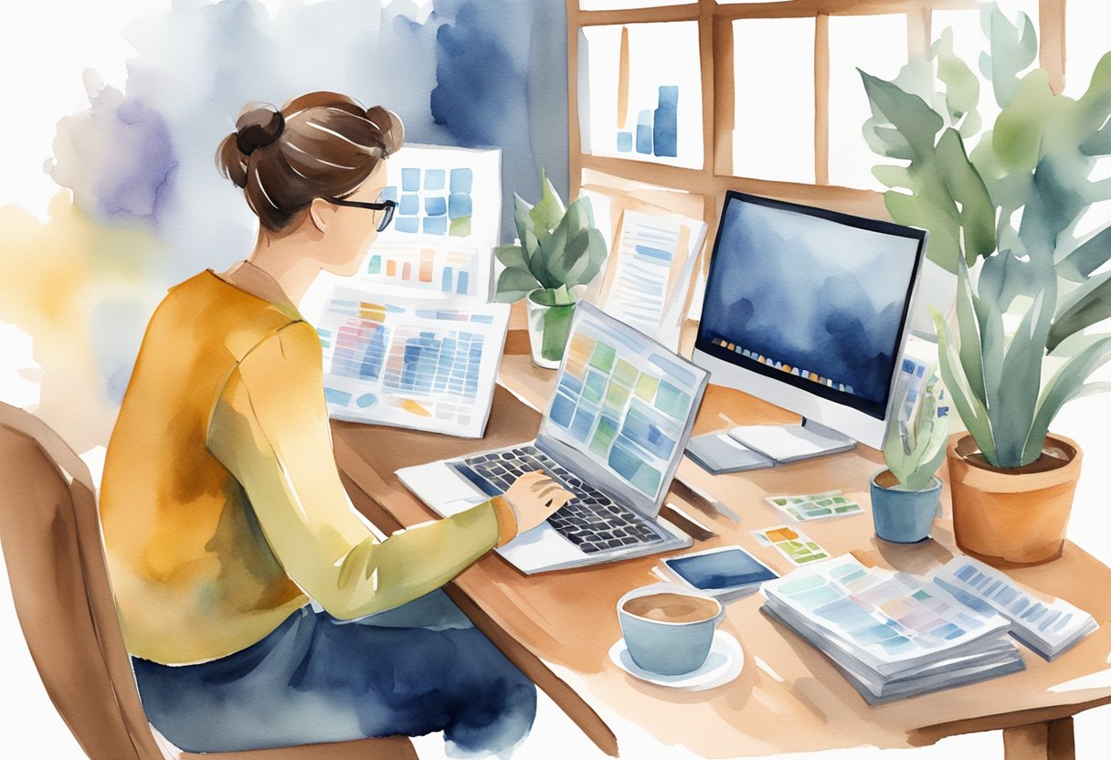 A person sits at a desk with a laptop, surrounded by financial planning books and charts. They are creating a step-by-step financial freedom plan