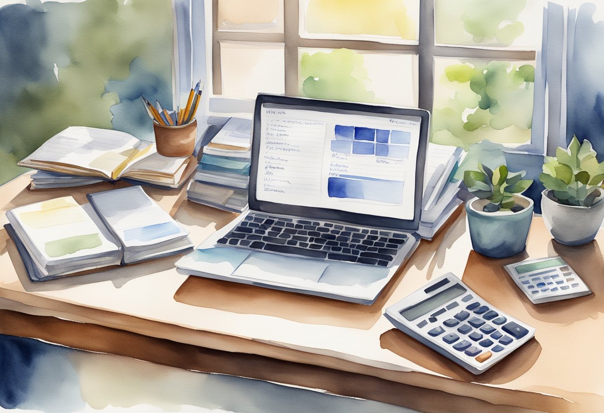 A desk with a laptop, calculator, and financial planning books. A clear, organized workspace with a sense of focus and determination