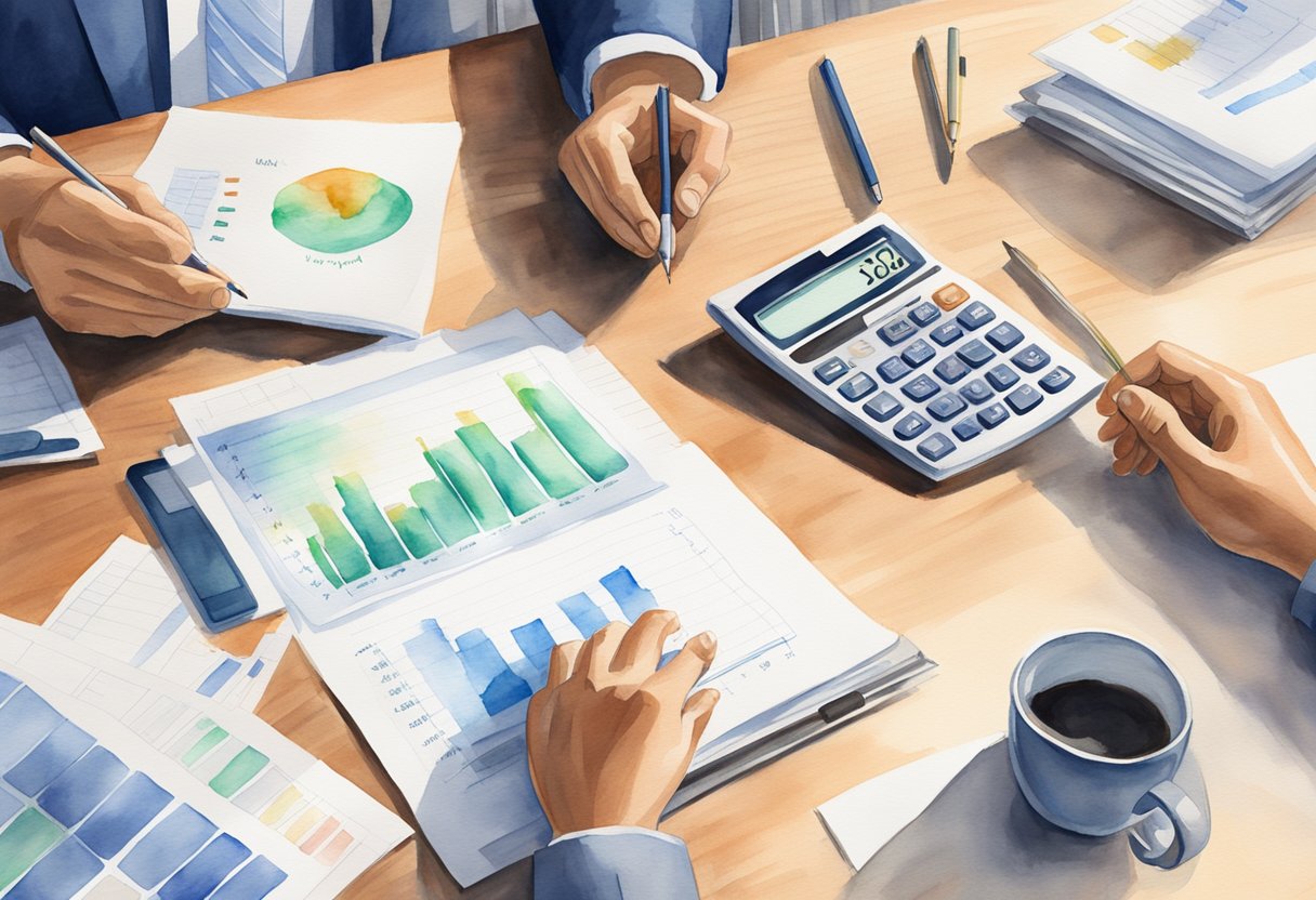 A person reviewing financial documents, with a chart showing a shift from active income to passive wealth. A calculator and computer are on the desk