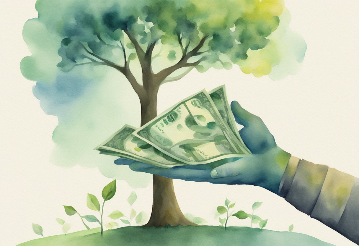 A person's hand transitions from earning money to investing, symbolized by a dollar sign turning into a growing tree