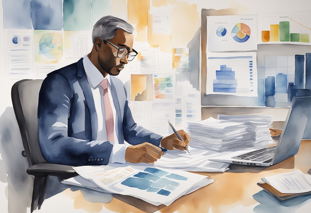 A person sits at a desk, surrounded by financial documents and charts. They are carefully planning and strategizing for the transition from active income to passive wealth