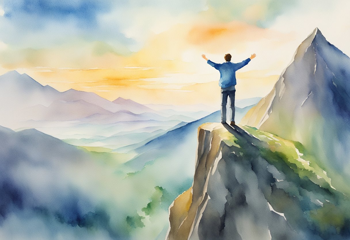 A person standing on top of a mountain, arms outstretched, with a clear path leading to a bright and promising future