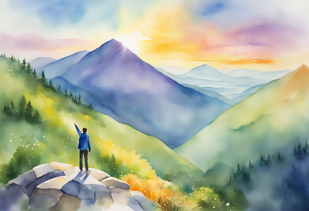 A person stands atop a mountain, arms outstretched, surrounded by a vibrant landscape. The sun shines brightly, symbolizing the emotional highs of financial freedom