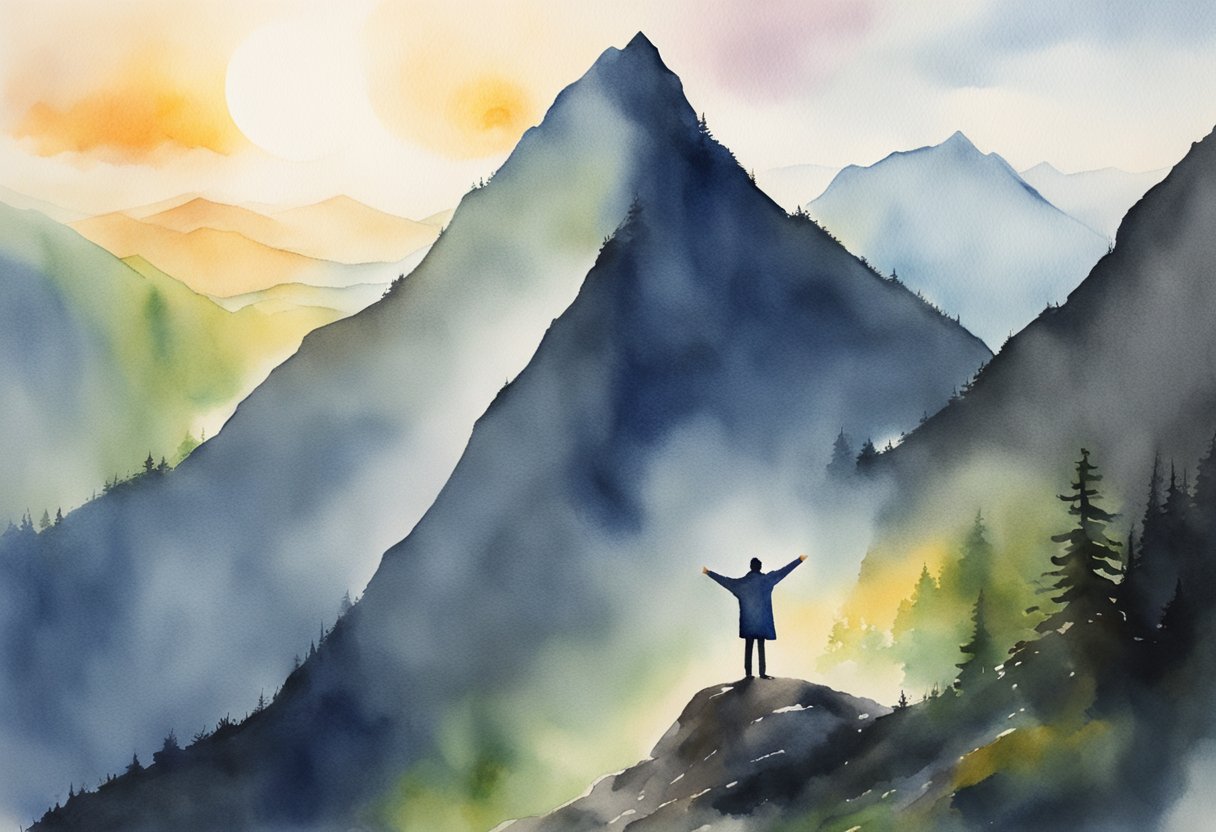 A person stands on a mountain peak, arms raised in triumph. A dark valley lies below, symbolizing emotional lows. The sun rises, signifying the journey towards financial freedom