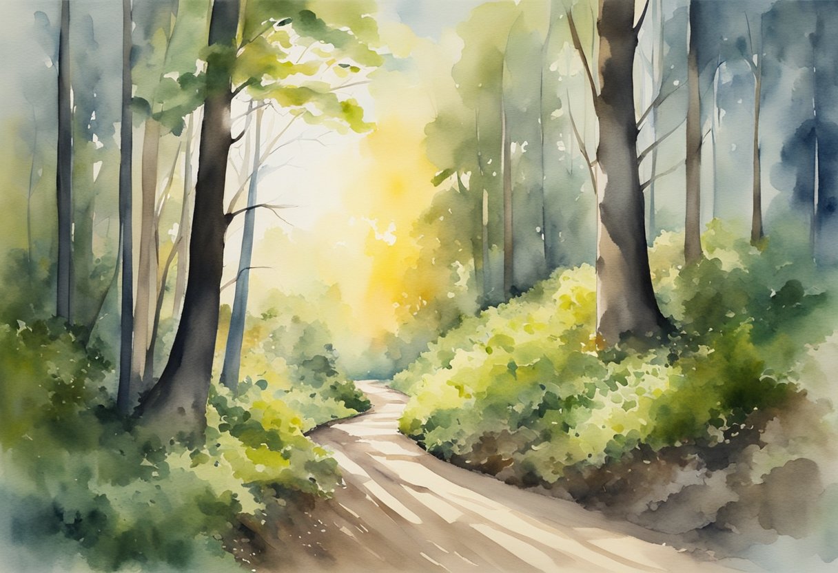A winding path through a forest, with the sun breaking through the trees, symbolizing the emotional journey of financial freedom and the determination needed to stay the course