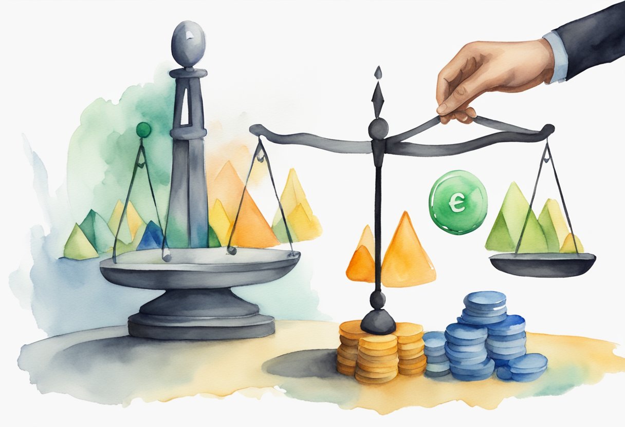 A person weighing different investment options, considering their risk tolerance. A scale with conservative and aggressive options. An arrow pointing towards conservative