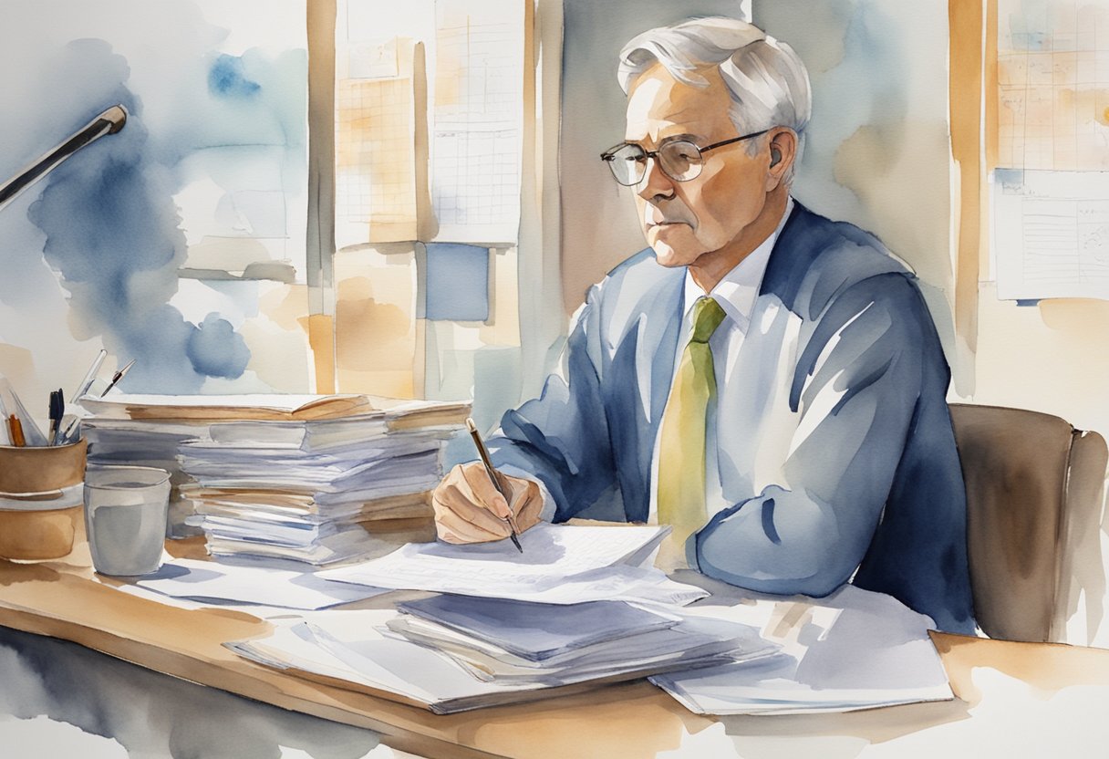 A calm, mature individual sits at a desk, surrounded by financial documents and charts. They appear focused and contemplative, with a sense of determination and confidence in their decision-making