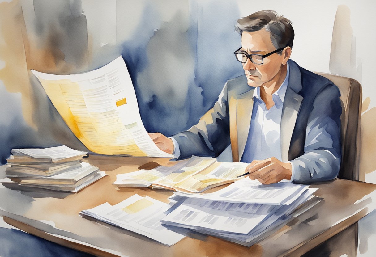 A person in their 40s studying financial documents, with a cautious expression, adjusting investment strategies based on risk tolerance