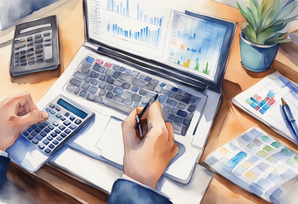 A desk with financial charts, a calculator, and a laptop. A hand holding a pen writes notes on a pad