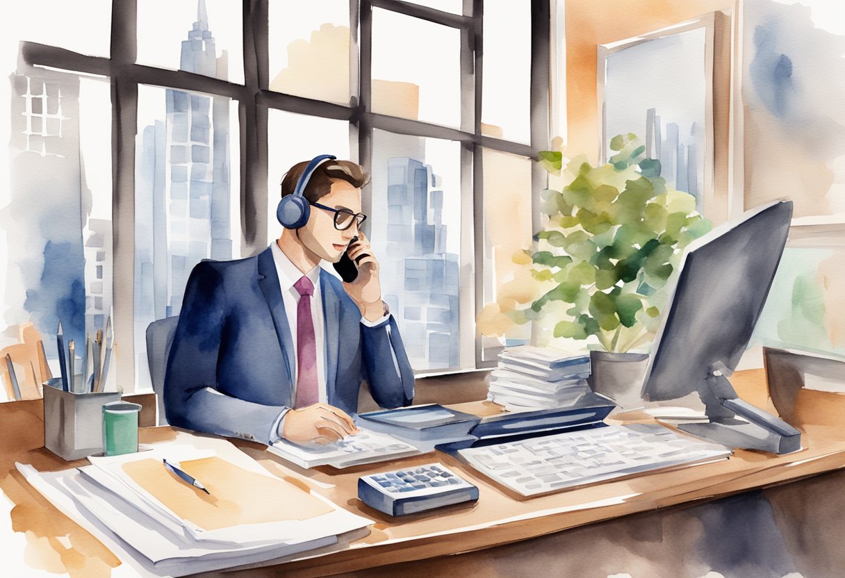 A modern office desk with a computer, financial charts, and a notebook. A person in a suit is talking on the phone with a client