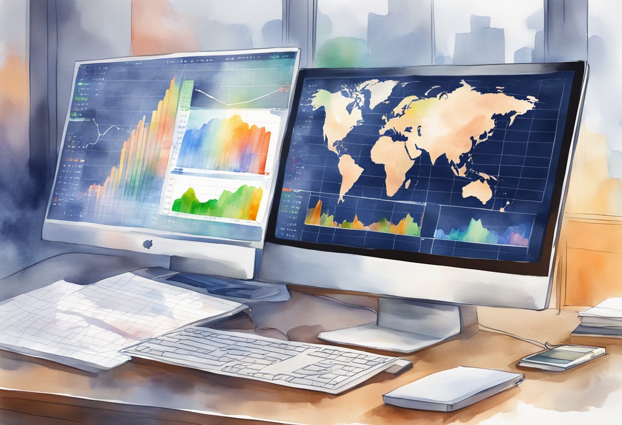 A stock market graph fluctuates on a computer screen, with economic indicators and market outlook reports scattered on a desk