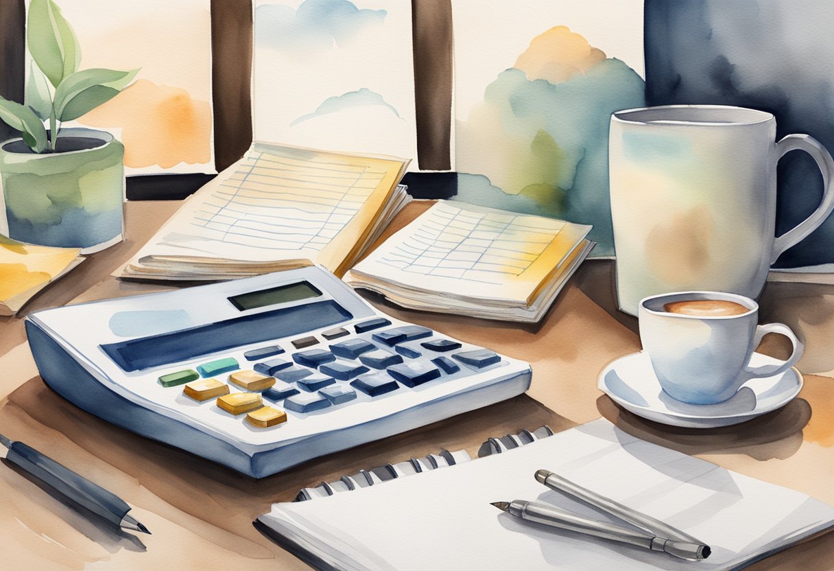 A desk with a computer, financial charts, and investment books. A calculator and notepad sit next to a cup of coffee
