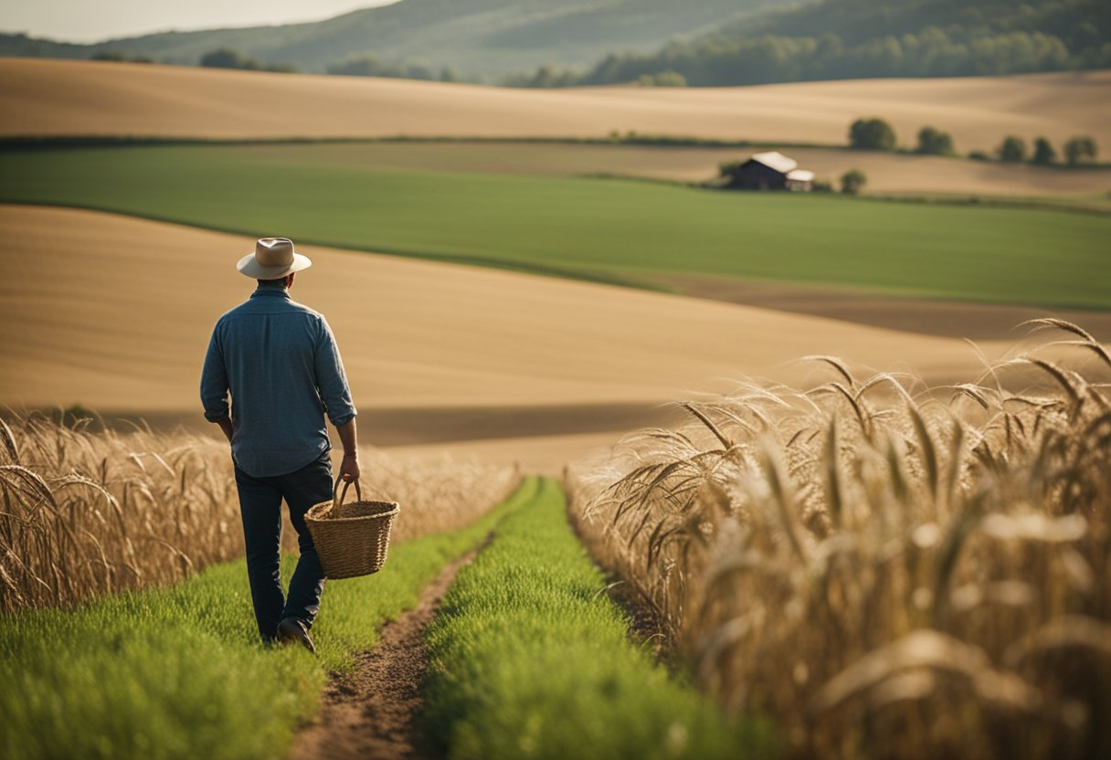 A vast farmland with rolling hills, crops swaying in the breeze. A farmer surveys the land, pondering the risks and challenges of investing