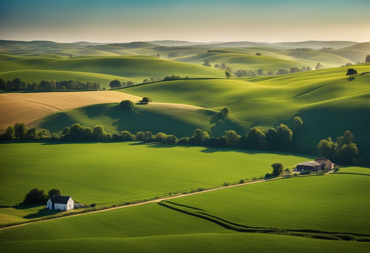 A vast expanse of fertile farmland stretches out under a bright blue sky, with rows of crops and grazing livestock, surrounded by rolling hills and a peaceful countryside