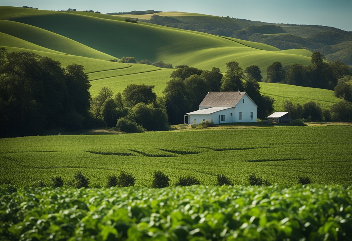 A lush green farmland with rolling hills, a clear blue sky, and a small farmhouse in the distance. Rows of crops and freshly tilled soil indicate a thriving agricultural investment opportunity