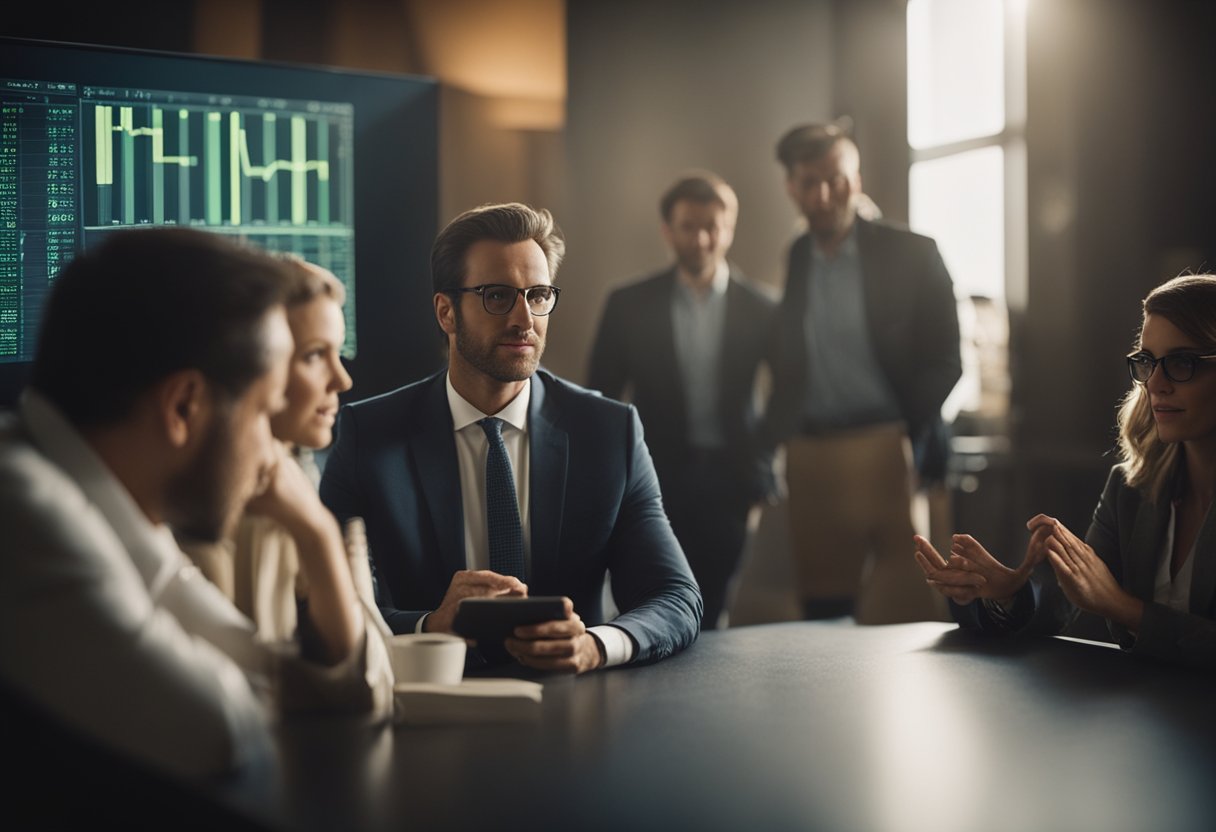 A group of people discussing investment options, analyzing data, and weighing potential risks in peer-to-peer lending