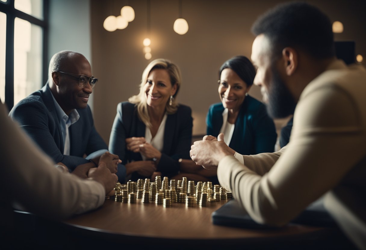 A group of diverse individuals over 40 engage in peer-to-peer lending, exchanging financial resources and investment opportunities