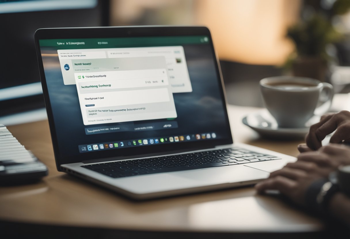 A laptop displaying a peer-to-peer lending platform. A person's hand hovers over the mouse, ready to click. A cup of coffee sits nearby