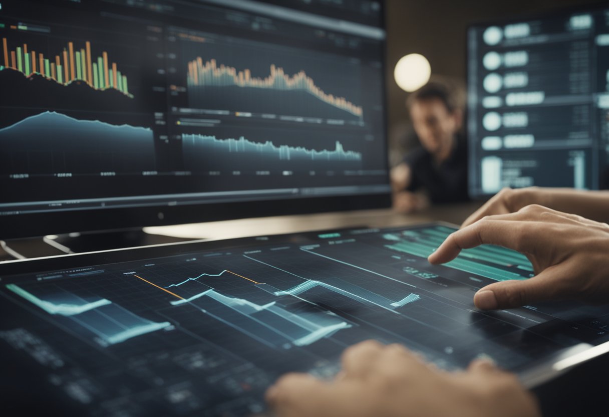 A group of people gather around a digital platform, exchanging money and discussing investments. Charts and graphs are displayed on screens, showing financial data and trends