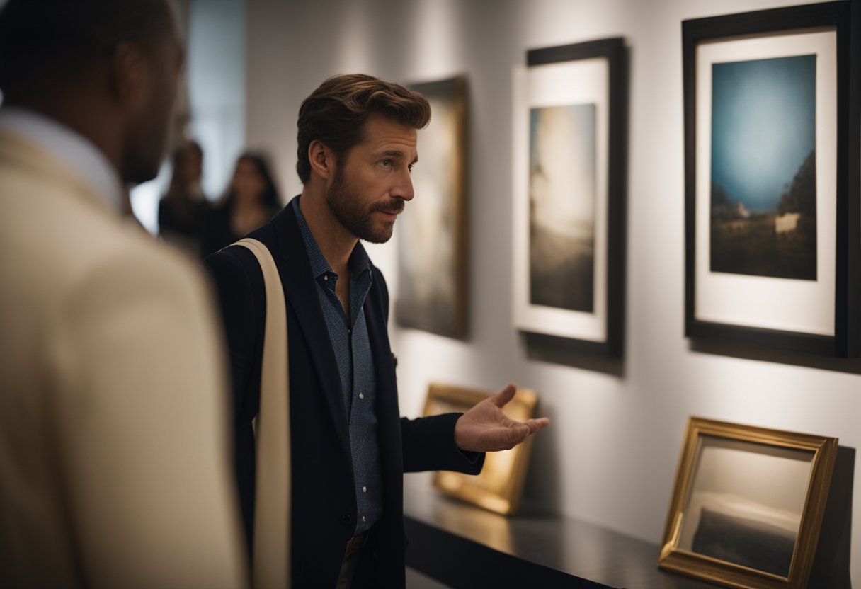 A well-dressed individual carefully examines various pieces of artwork displayed in a gallery, while engaging in conversation with a gallery owner about potential art investments