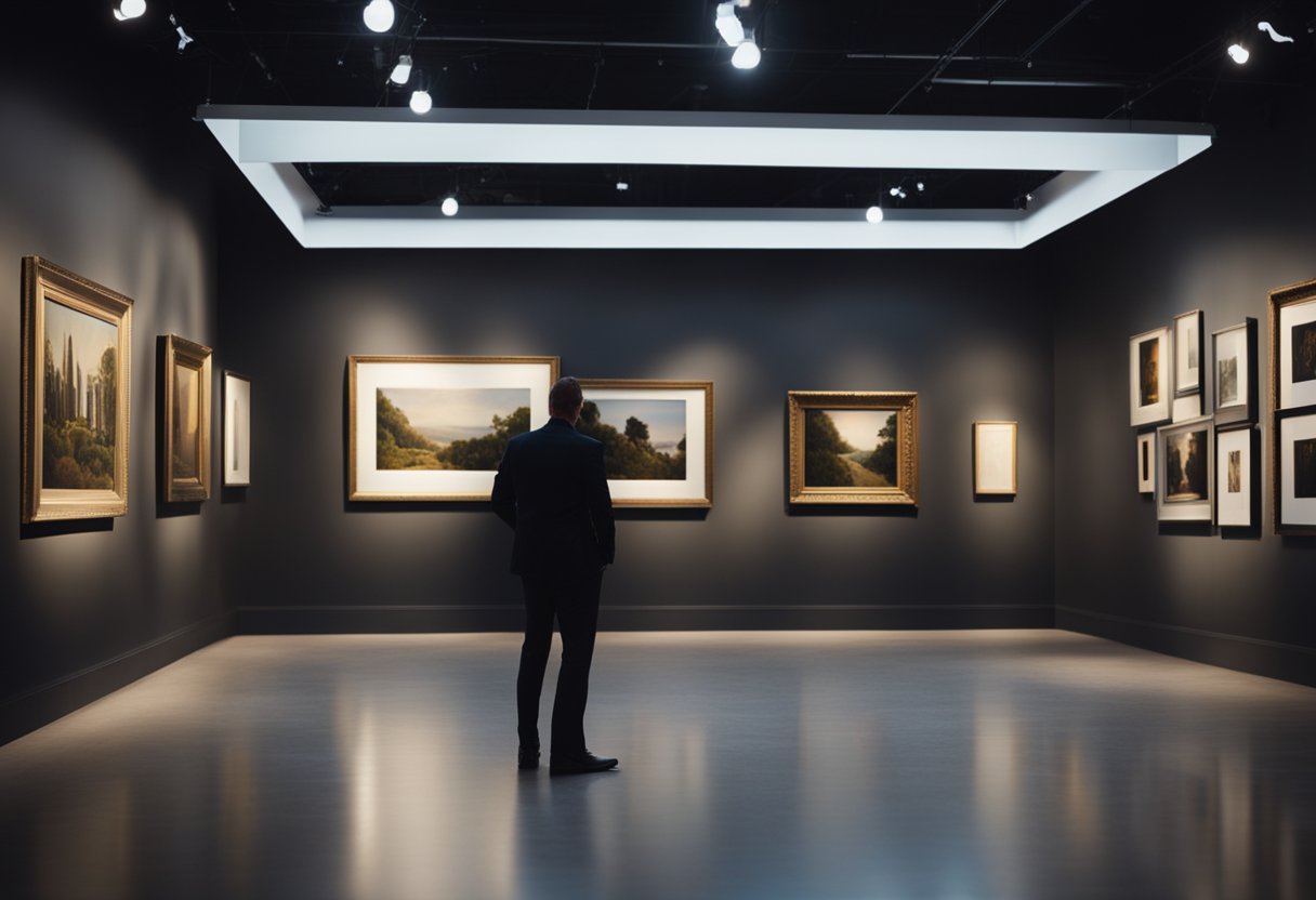 A secure art gallery with advanced security systems and professional staff guarding valuable artwork