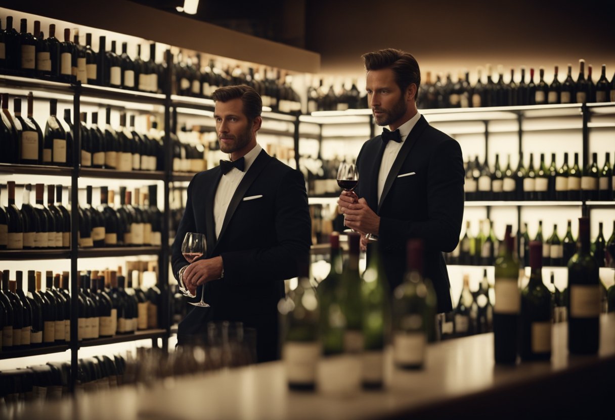 A luxurious wine shop with shelves of rare, high-quality bottles. A knowledgeable sommelier assists a group of eager, well-dressed beginners in selecting investment-grade wines