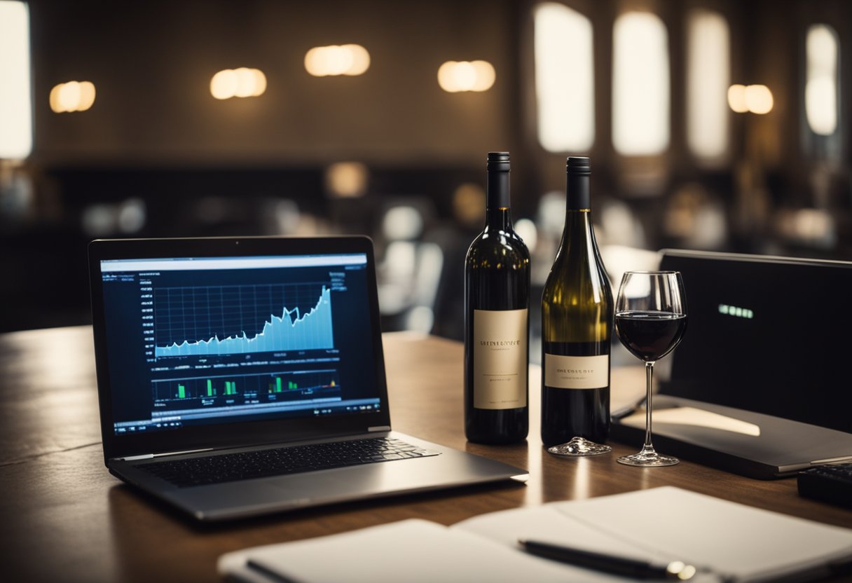 A table with various wine bottles, a notebook, and a pen. A laptop displaying stock market graphs in the background