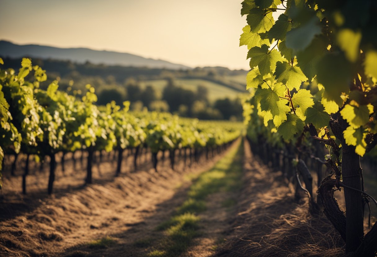 A vineyard with rows of grapevines, a rustic wine cellar, and financial charts showing investment risks and challenges