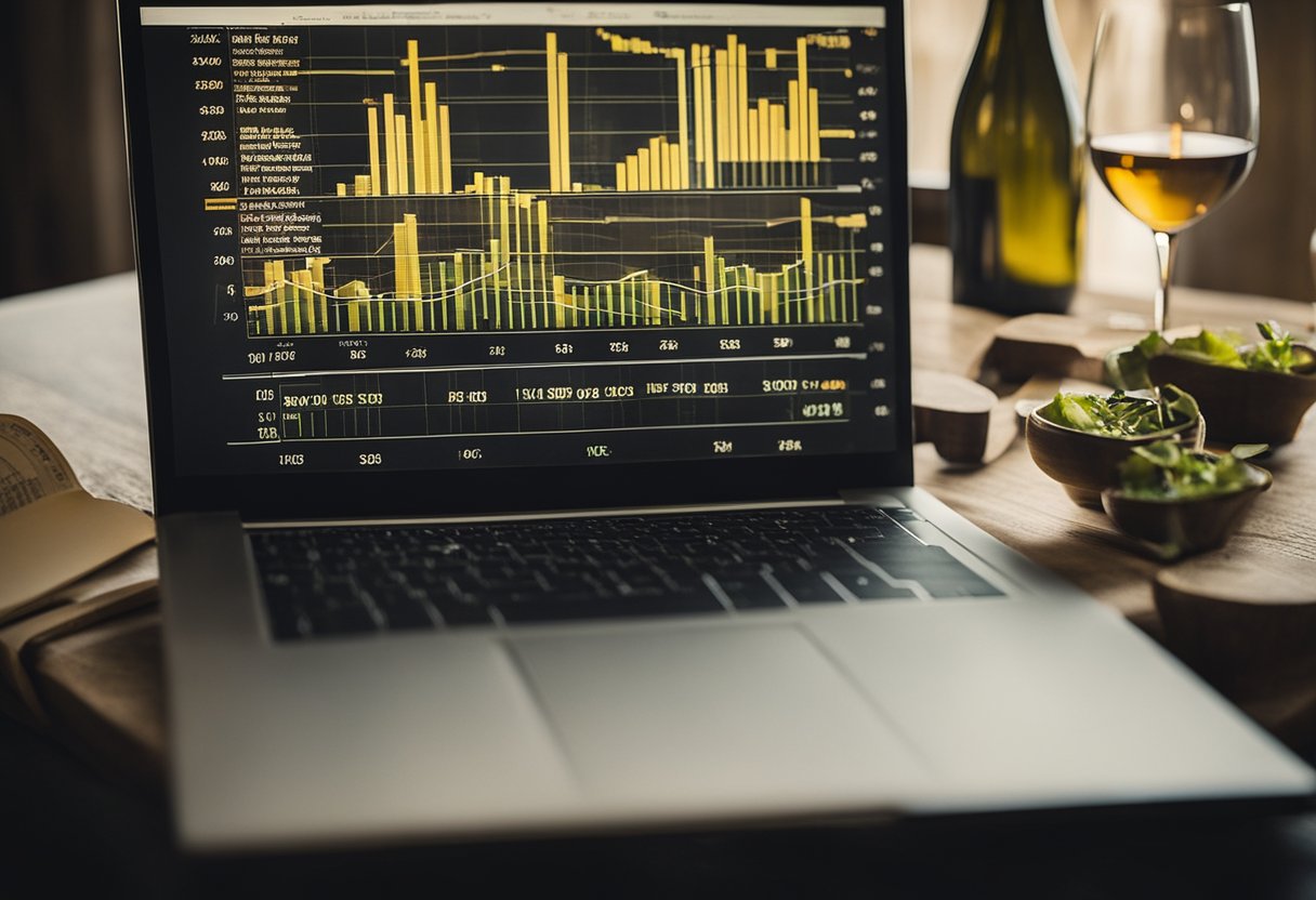 A table set with wine bottles, glasses, and investment books. A laptop displaying stock market charts. Wall art of vineyards