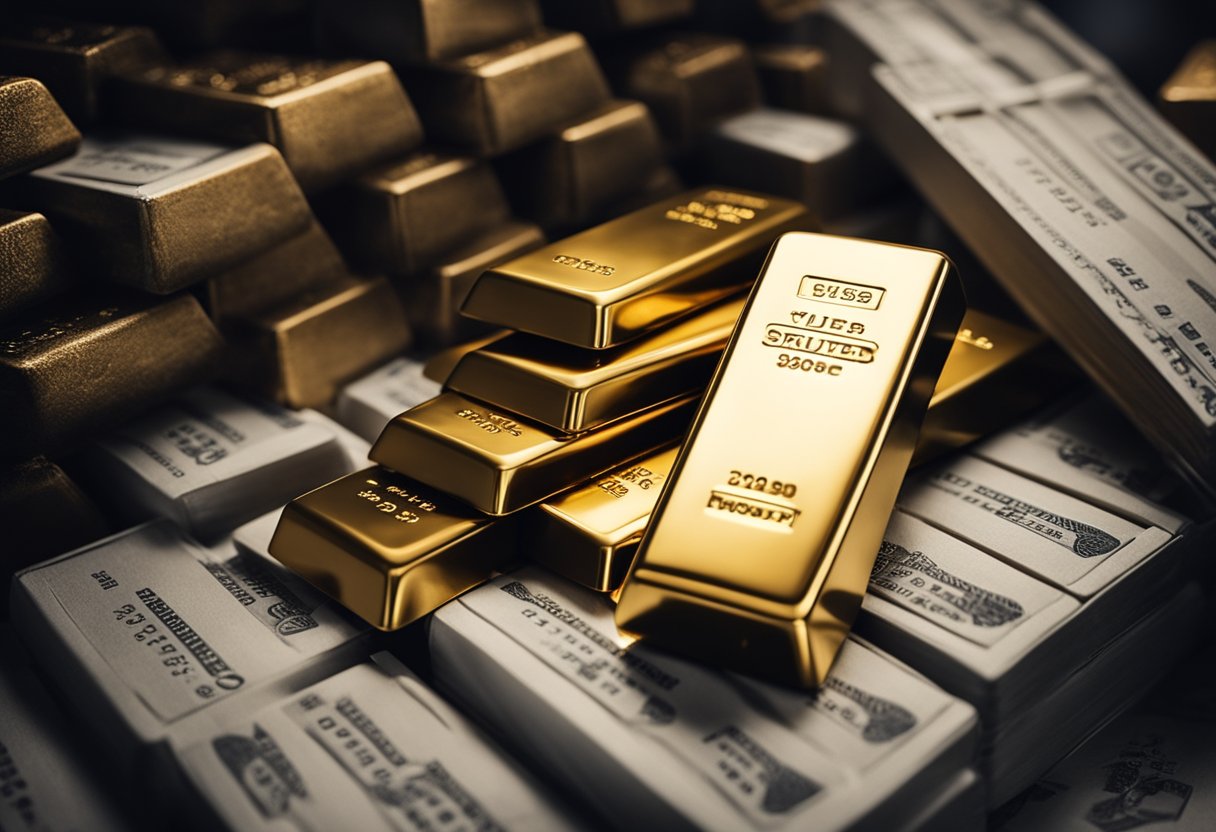 A stack of gold and silver bars gleam in a secure vault, surrounded by financial documents and investment charts