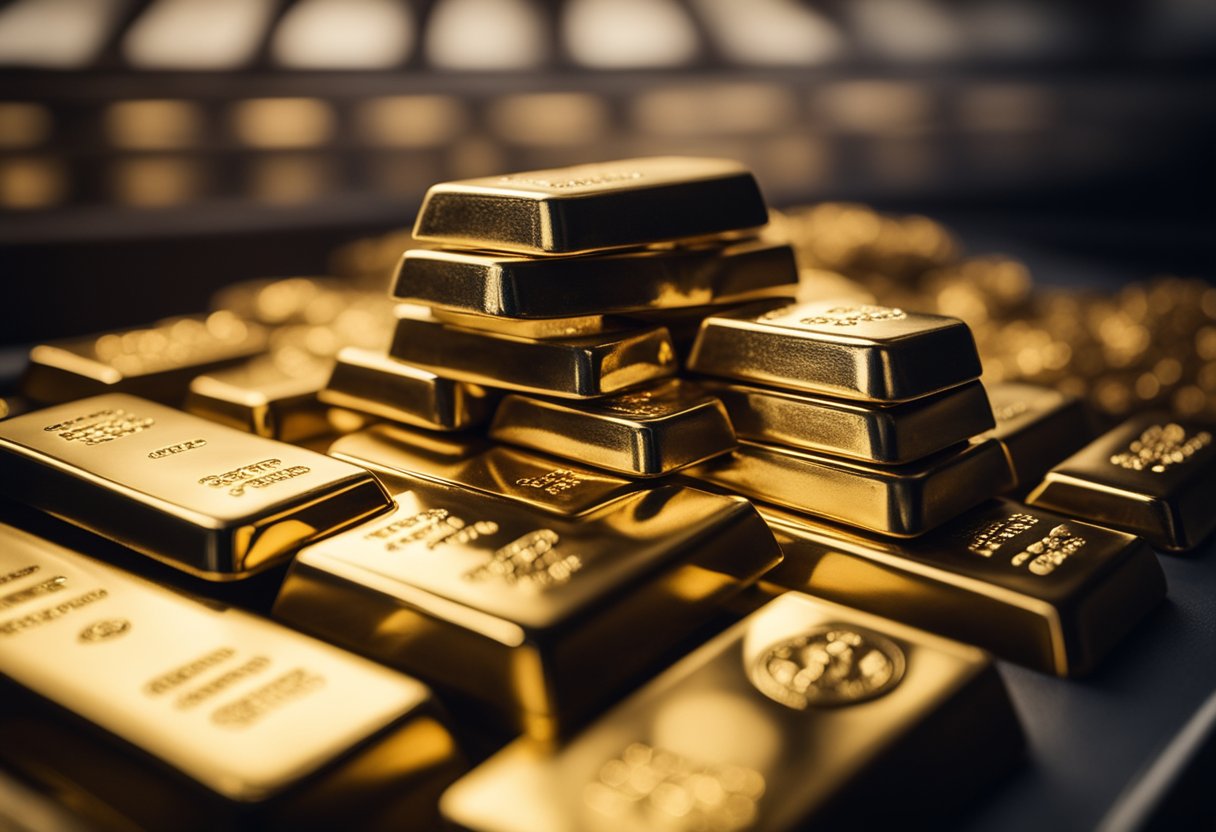 A stack of gold bars and silver coins on a secure vault shelf, surrounded by financial charts and investment reports