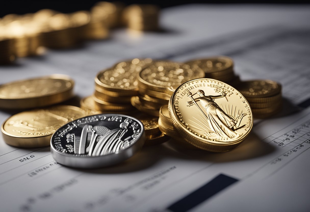 A table with various precious metals (gold, silver, platinum) displayed, alongside financial charts and graphs. A person is analyzing the data with a focused expression