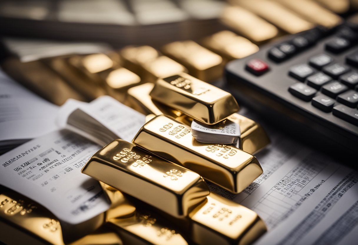 A stack of gold and silver bars surrounded by financial documents and tax forms. A calculator sits nearby, with a pen resting on top