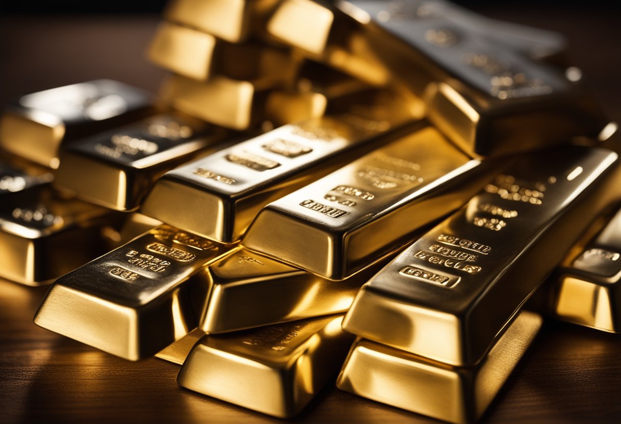 A stack of gold and silver bars, coins, and bullion displayed on a polished wooden table with a spotlight highlighting their shine
