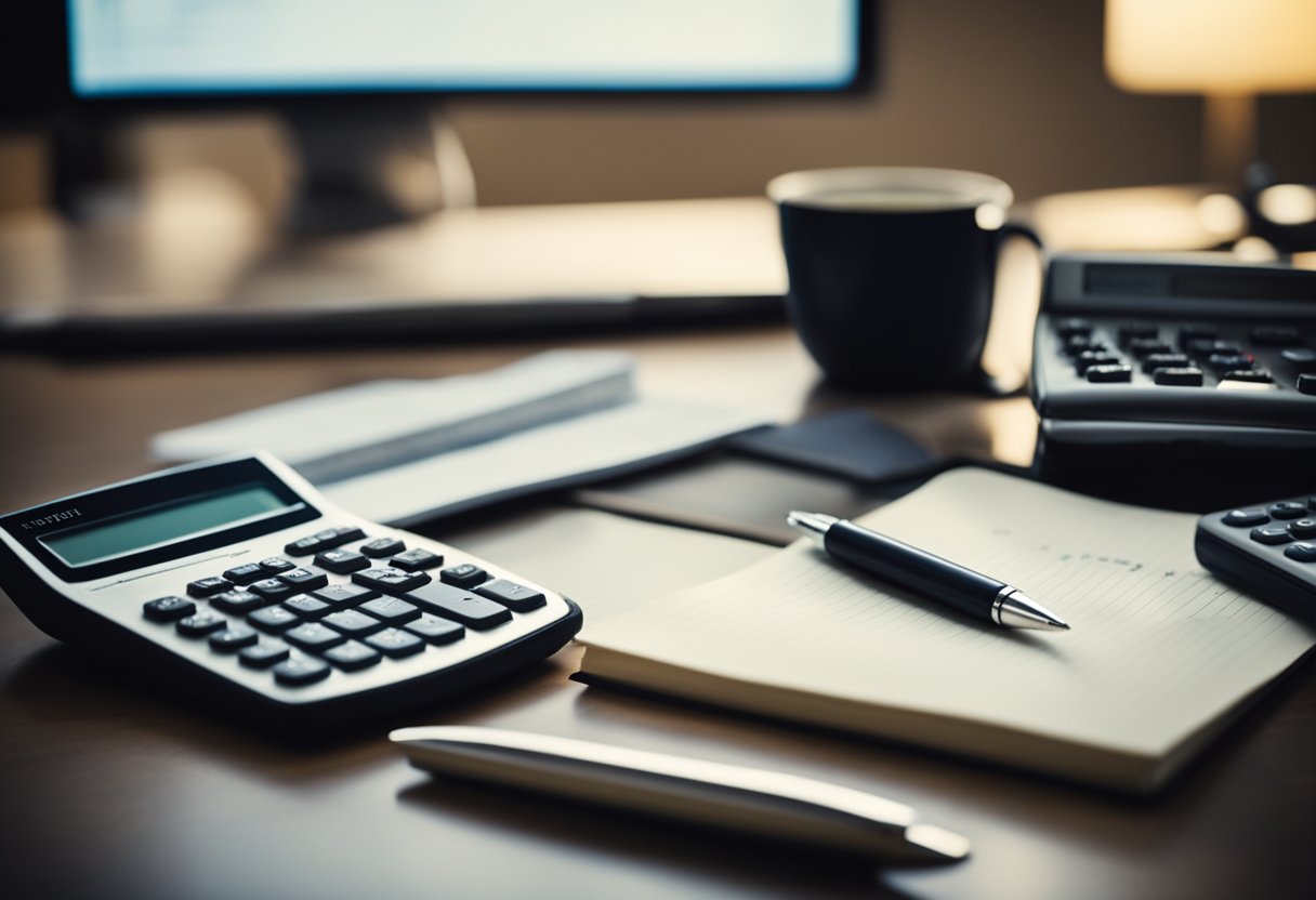 A desk with a financial planner's tools: calculator, notepad, and pen. A stack of retirement planning books and a computer with retirement savings spreadsheets open