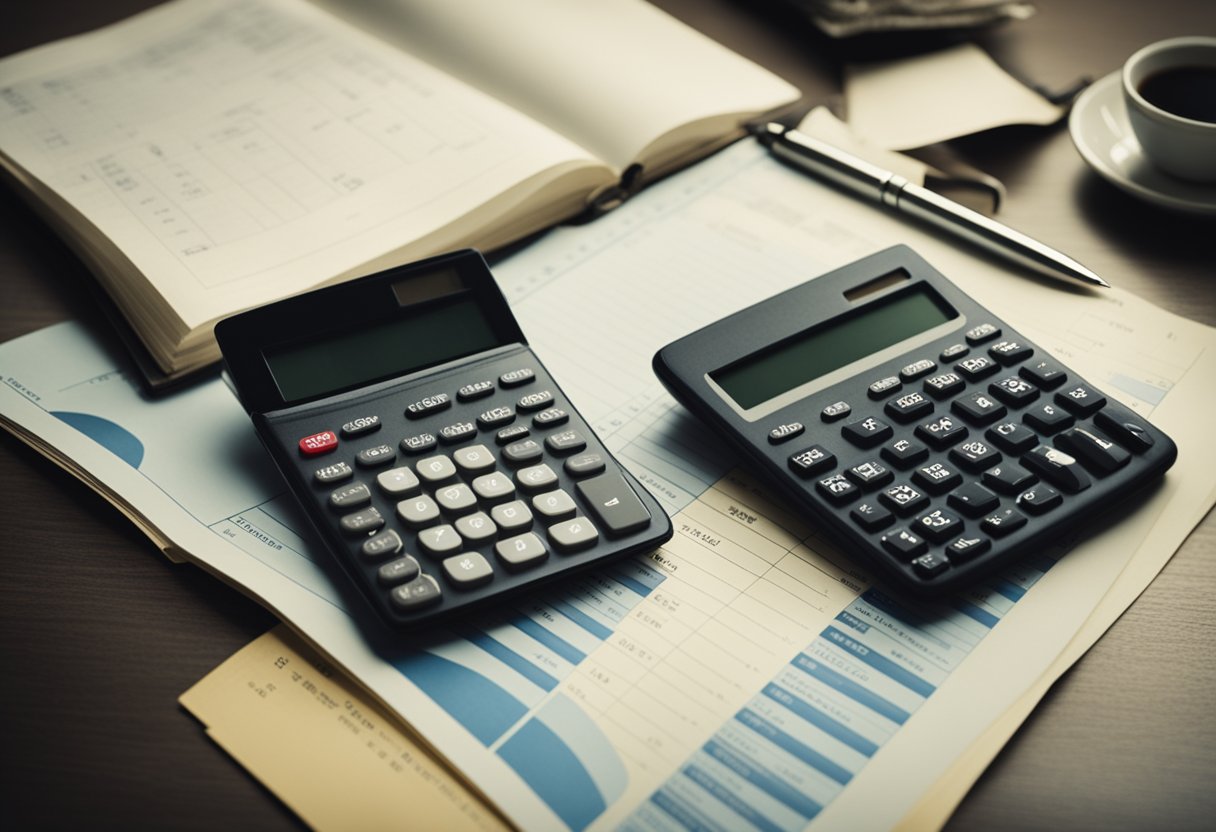 A table with a calculator, financial documents, a notebook, and a pen. A chart showing income sources and expenses. A clock indicating time passing
