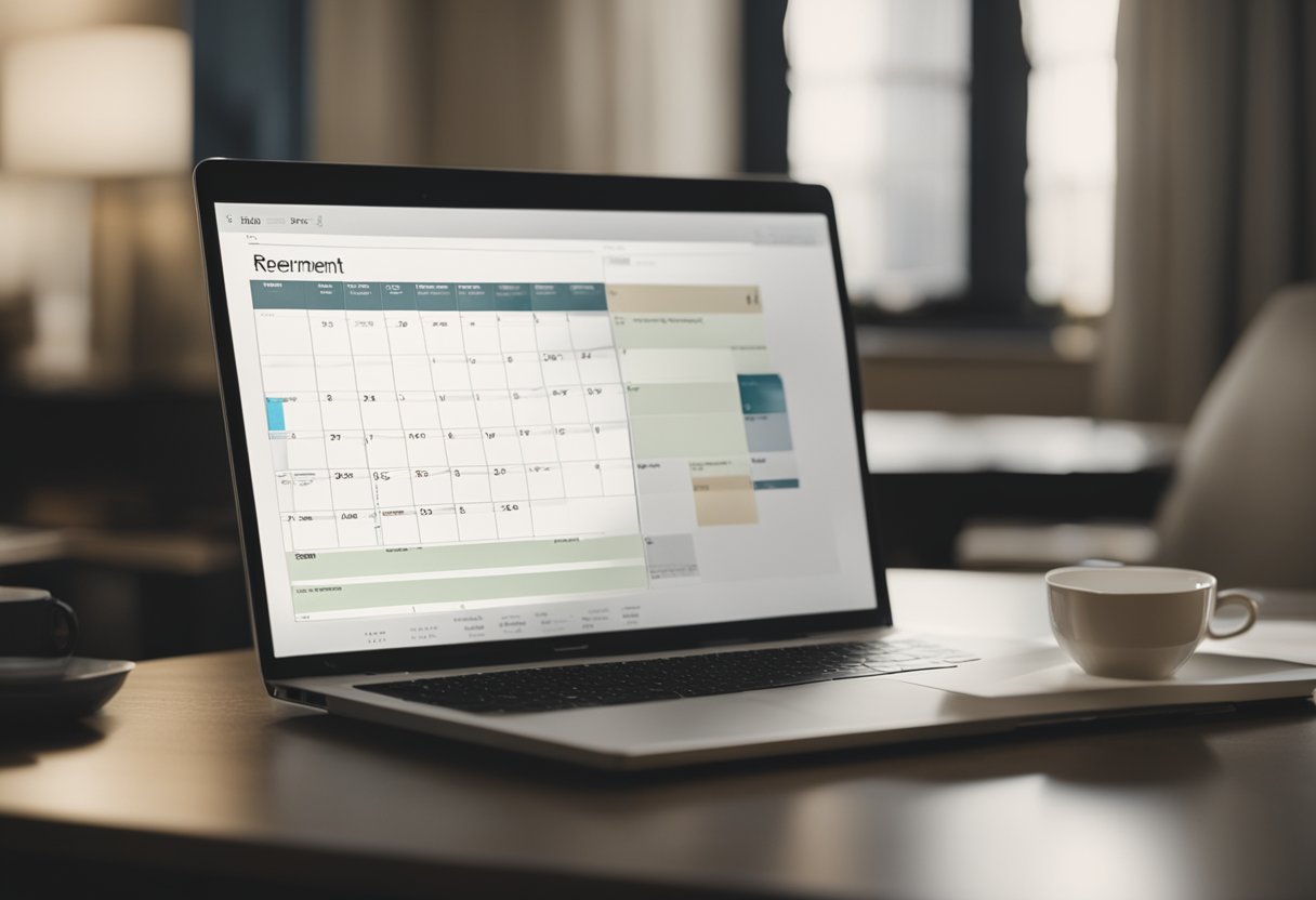 A desk with a laptop, financial documents, a pen, and a cup of coffee. A calendar with retirement dates circled. A bookshelf with estate planning guides. A comfortable chair for meetings