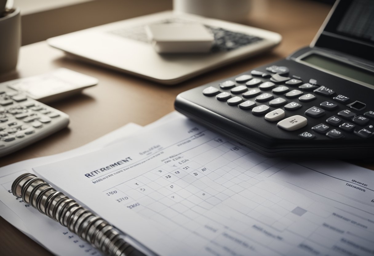 A desk with a laptop, calculator, and financial documents. A calendar with retirement date circled. A checklist of retirement targets