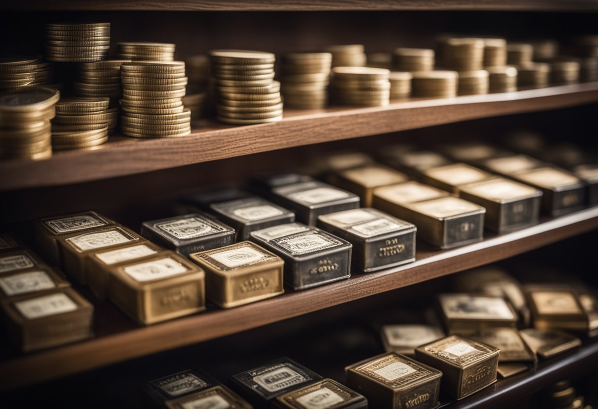 A display of rare coins, stamps, and vintage toys arranged neatly on shelves, with price tags and certificates of authenticity