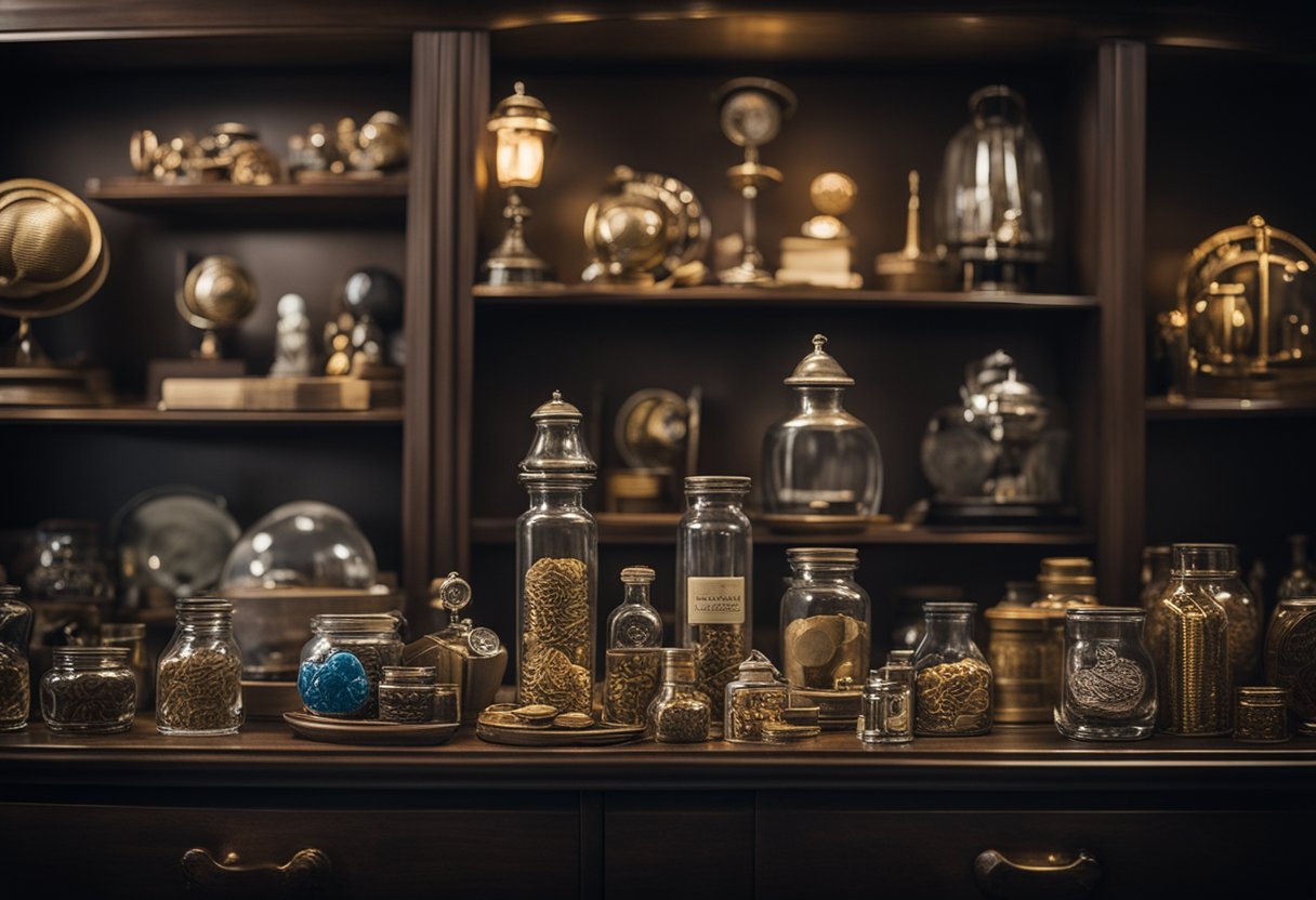 A diverse collection of investment items displayed on shelves and tables, including rare coins, vintage toys, and sports memorabilia