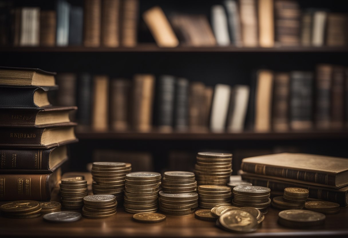 A collection of rare coins and vintage memorabilia displayed on a shelf, with investment books and resources scattered around
