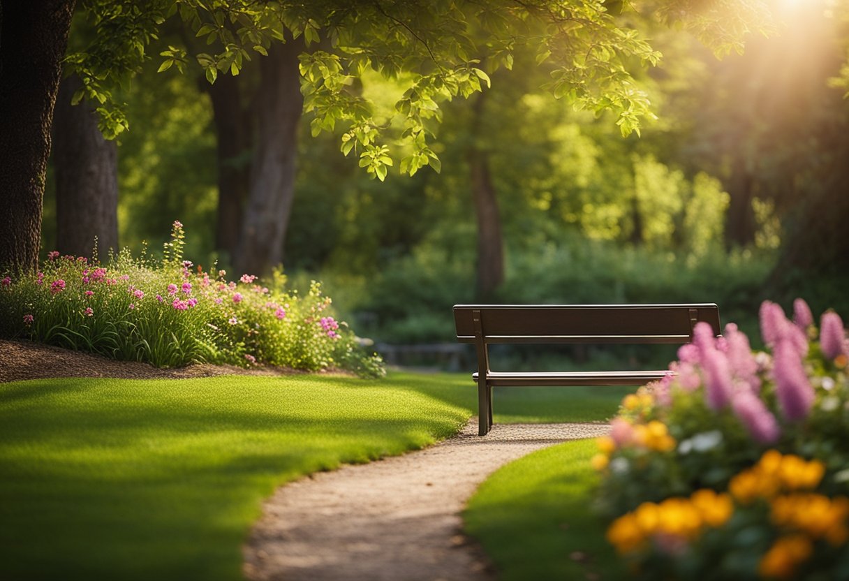 A serene, sunlit park with a bench and a gentle stream, surrounded by lush greenery and colorful flowers, symbolizing a peaceful retirement with financial security