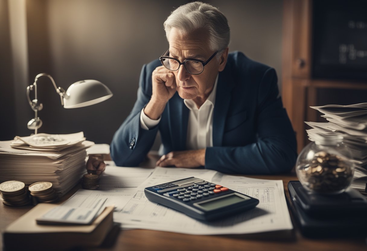 A person calculating retirement savings with a calculator and a puzzled expression, surrounded by financial documents and a clock ticking in the background
