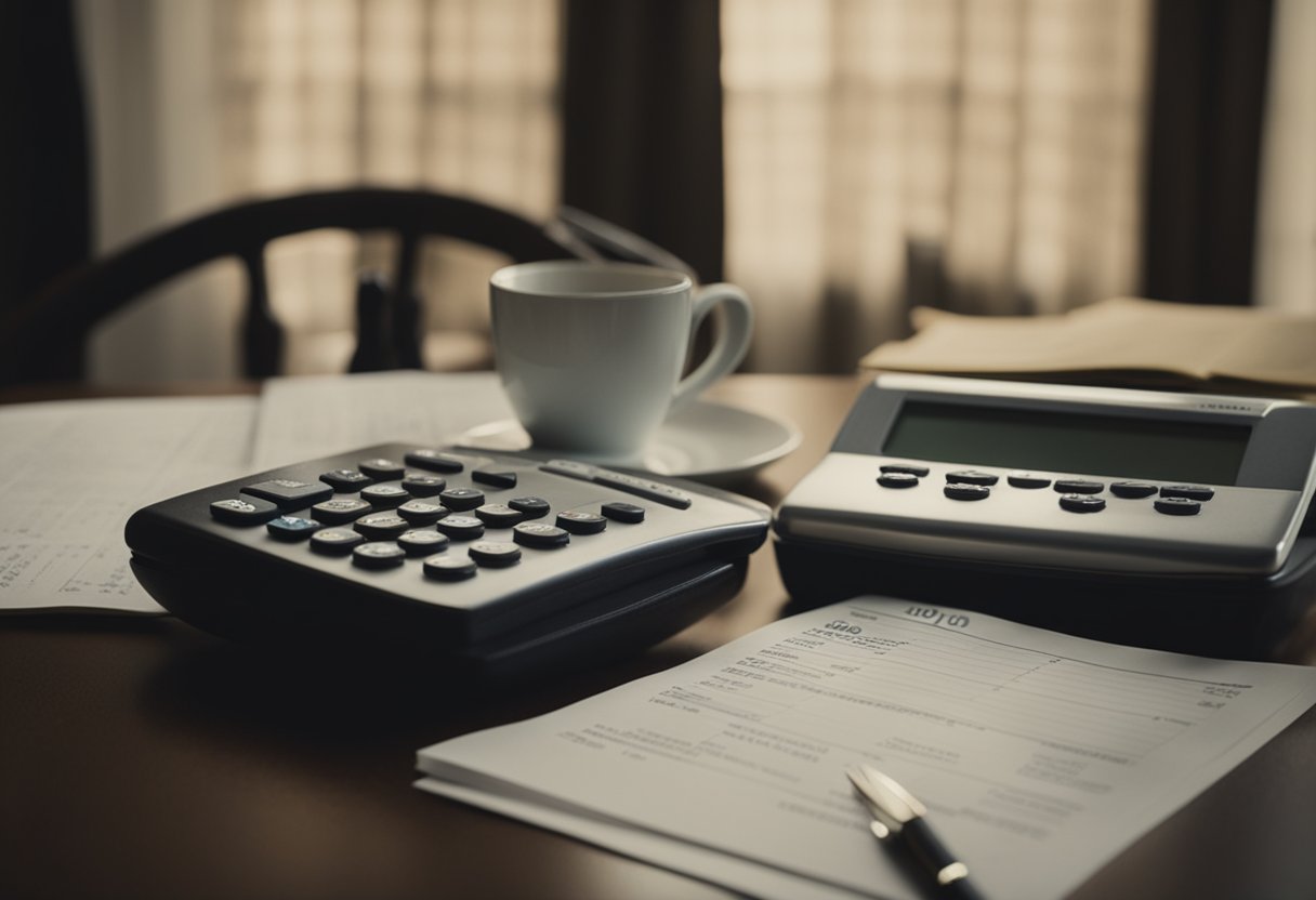 A table with financial documents and calculators, a person reading retirement guides, and a sign with "$1000 a Month Rule" displayed prominently