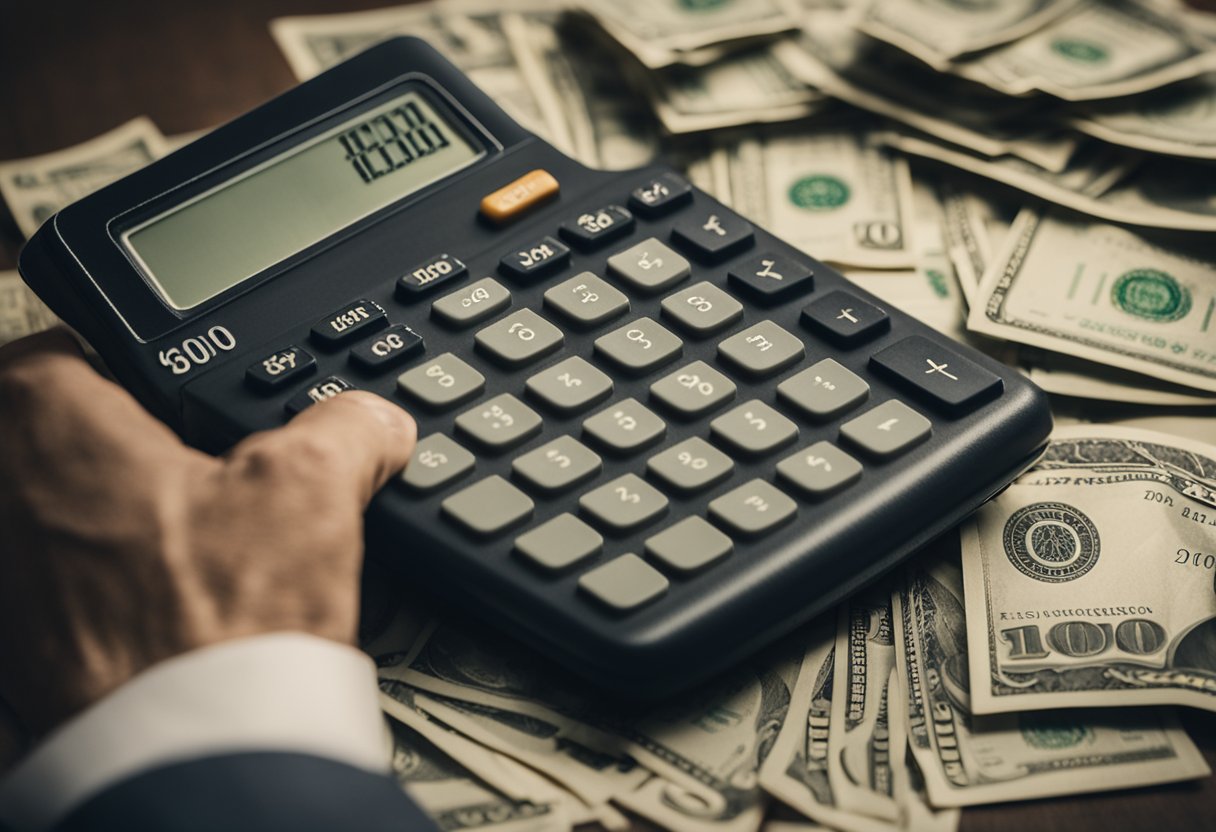 A stack of bills totaling $1000 sits next to a retirement calculator, symbolizing the financial goal. A person's hand reaches out to grasp the money, signifying the call to action