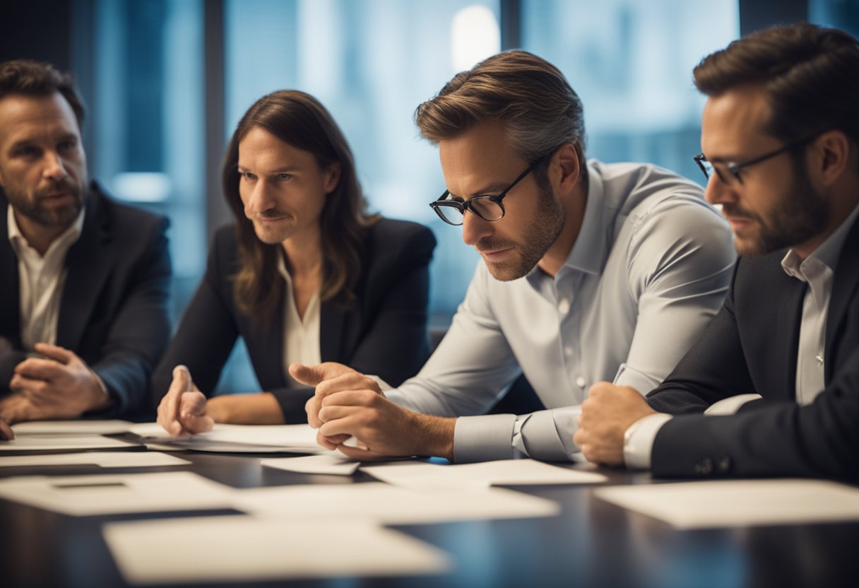A group of investors analyzing data and discussing potential risks and challenges in private equity investing