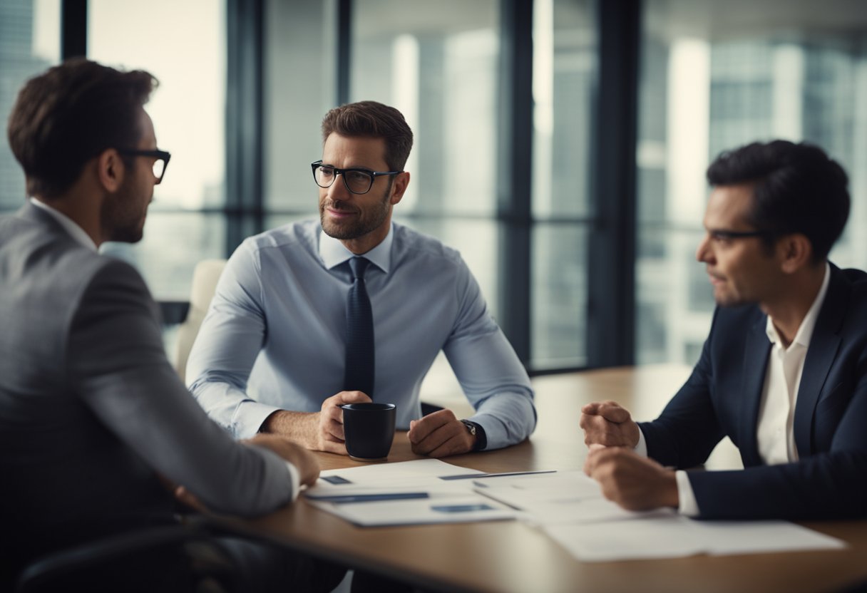 A group of financial professionals discussing private equity investment strategies in a modern office setting