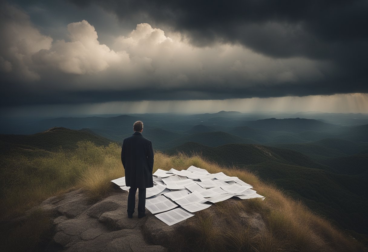 A person stands on a cliff, gazing out at a maze of financial documents and retirement plans, with a stormy sky overhead